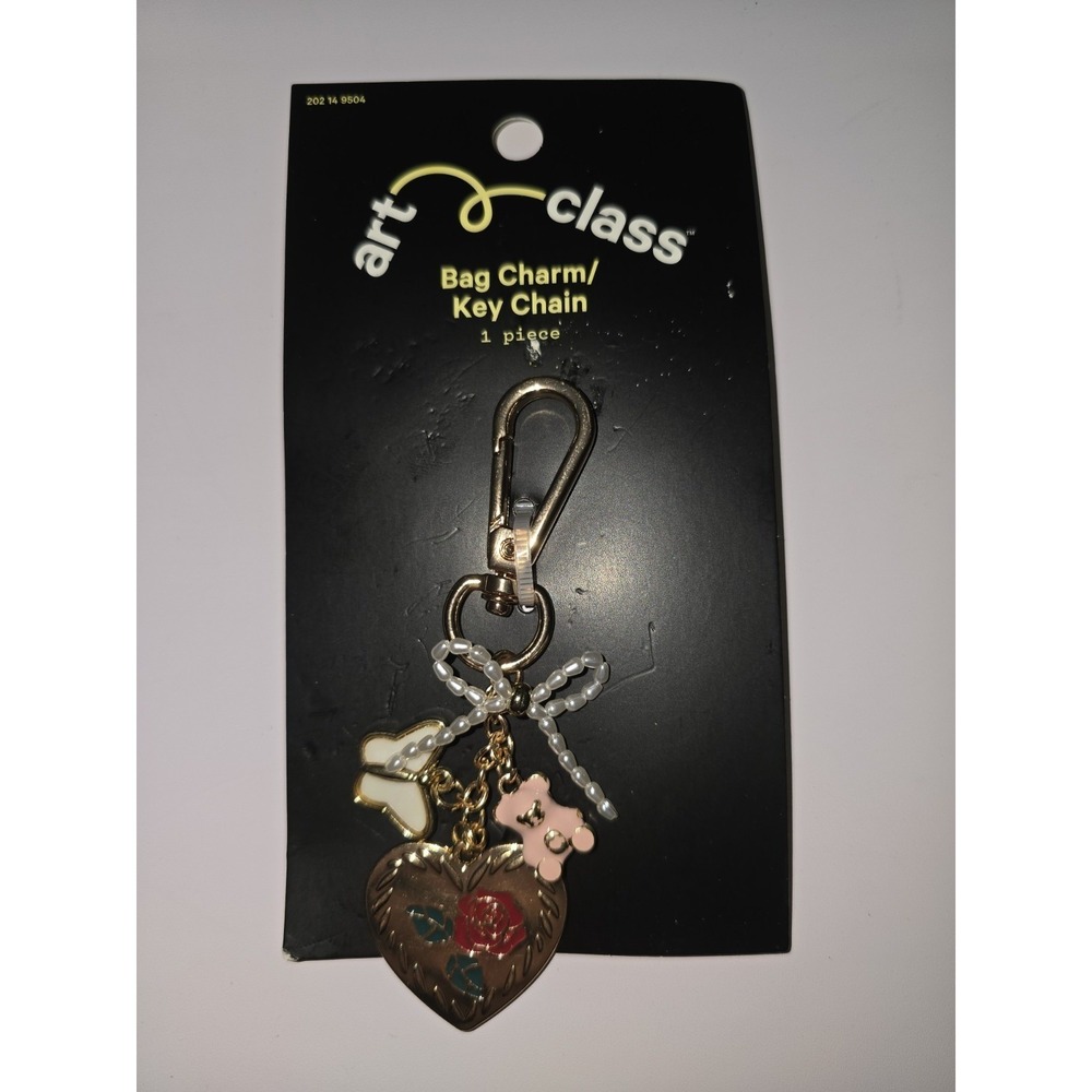 Art Class Bag Charm Keychain Heart Butterfly Bear Gold Bow Rose NEW
